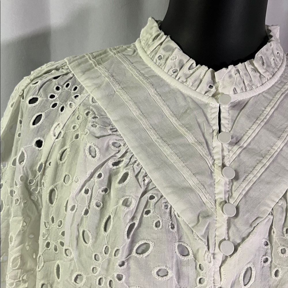 NWT PrettyGarden White Floral Eyelet Long Sleeve Button Front Ruffle Blouse - Picture 5 of 16